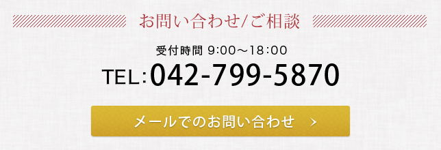 お問い合わせ/ご相談　受付時間 9：00～18：00 TEL:042-799-5870　メールでのお問い合わせ